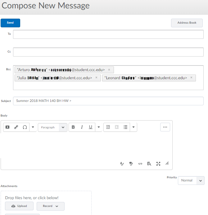 screenshot of the email interface in Brightspace