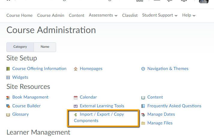 Course Admin>Import/Export/Copy
