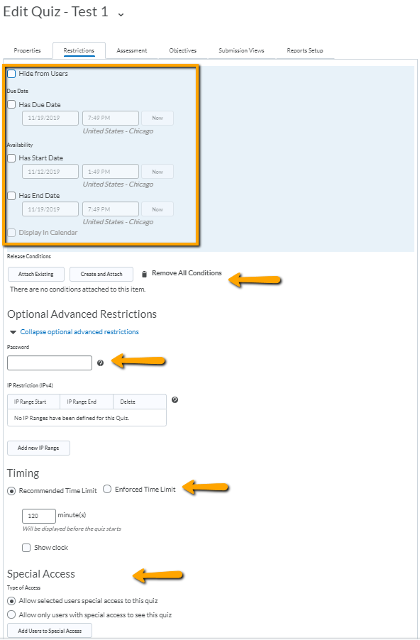 images of quizzes restrictions tab