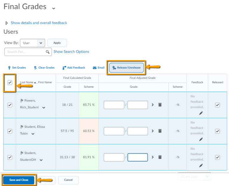 Release grades screenshot