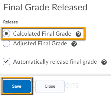 Calculated final grade selection screenshot