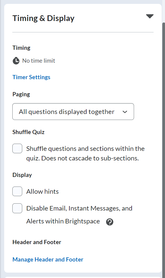 Timing and display settings