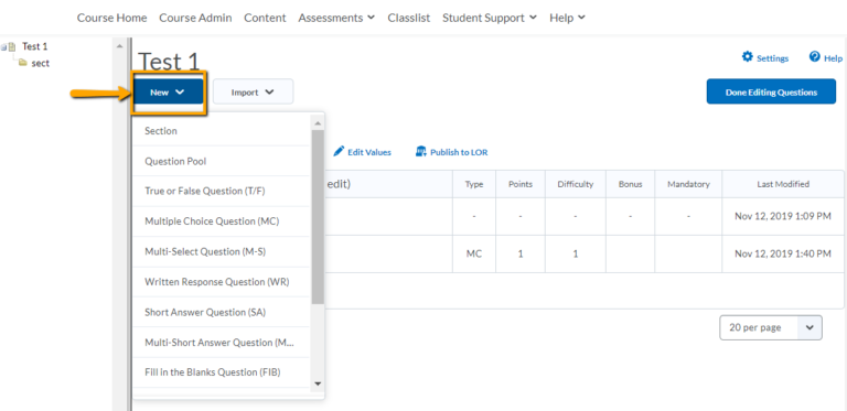 image of add/edit questions in quizzes tool
