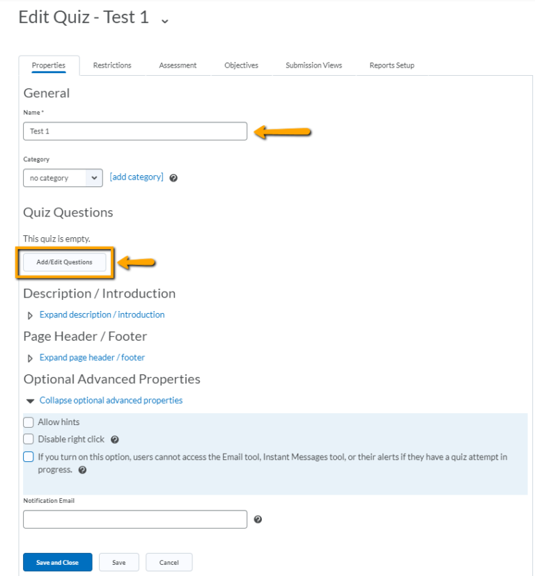 image of quiz properties tab
