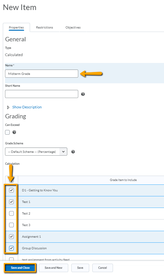 select items for calculated grade item