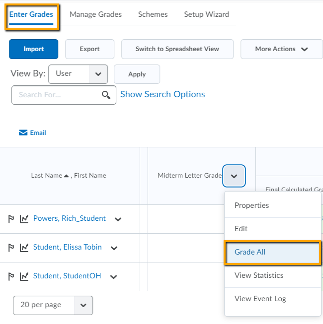 screenshot of Enter Grades and grade all