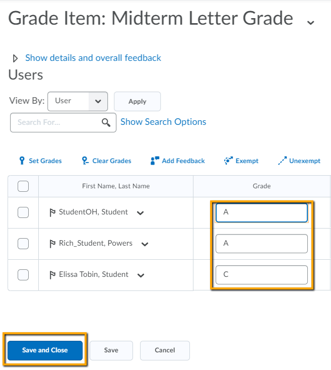 screenshot of grade all - letter grade entry