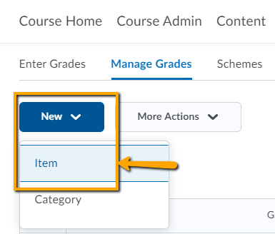 screenshot of Manage Grades and select new item