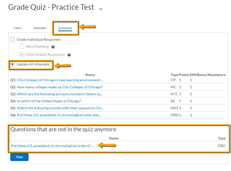 image of quiz questions for regrading