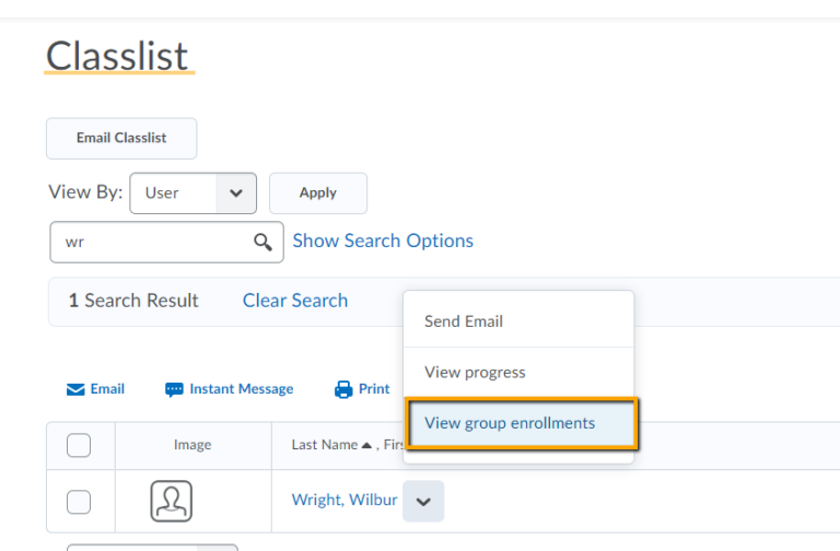 Classlist context menu View User Enrollment screenshot