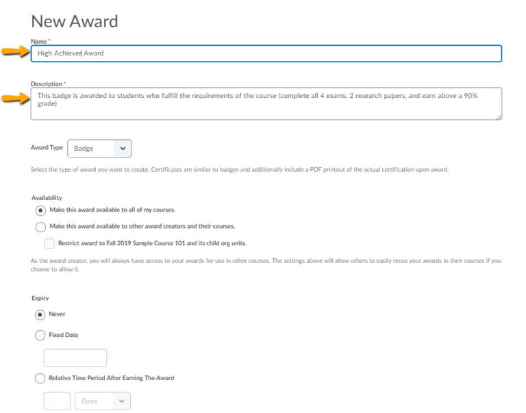 image of award creation page