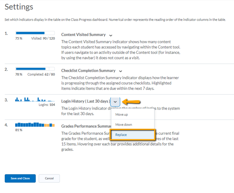 image of class progress replace option