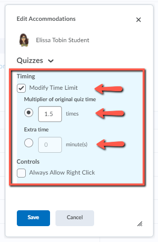 Setting course level accommodations with highlight of timing