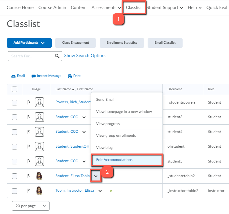 Accessing the classlist and setting quiz accommodations on a student