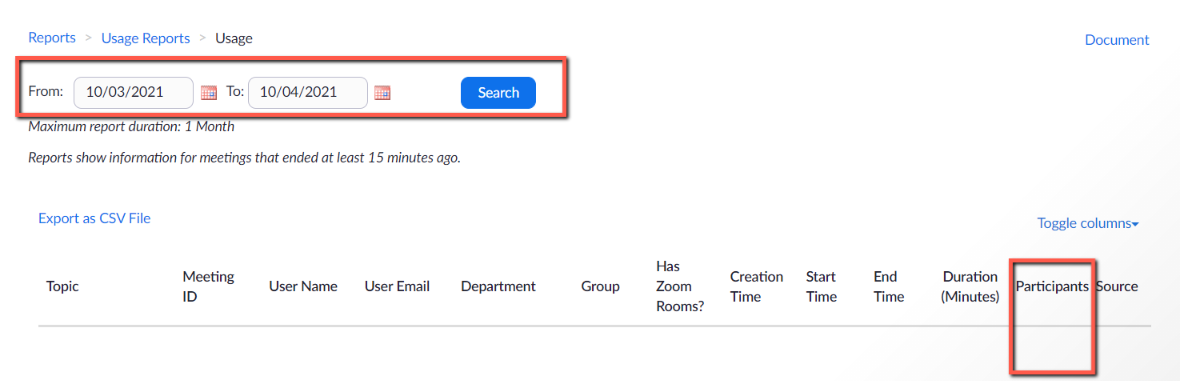 screenshot of zoom usage report interface and how to select date range and view participants