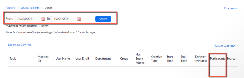 Zoom usage report interface with date range and participant column highlighted