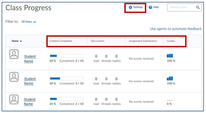 Class progress table with Settings highlighted as well as the table headers that can be changed.