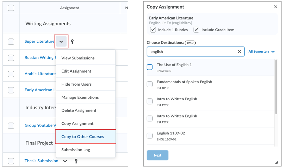 copy an assignment to other courses