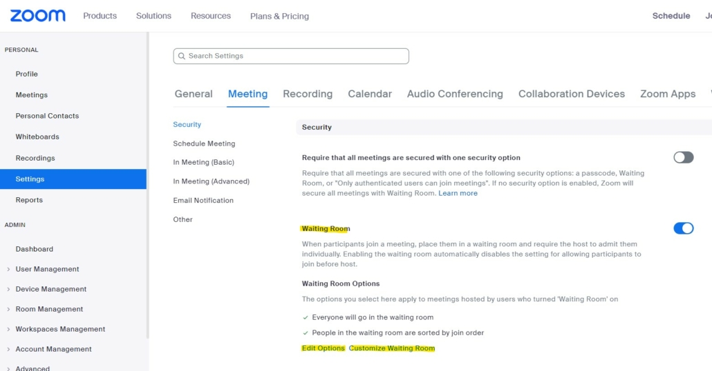 zoom meeting settings with waiting room highlighted as well as Edit Options and Customize Waiting Room text highlighted.